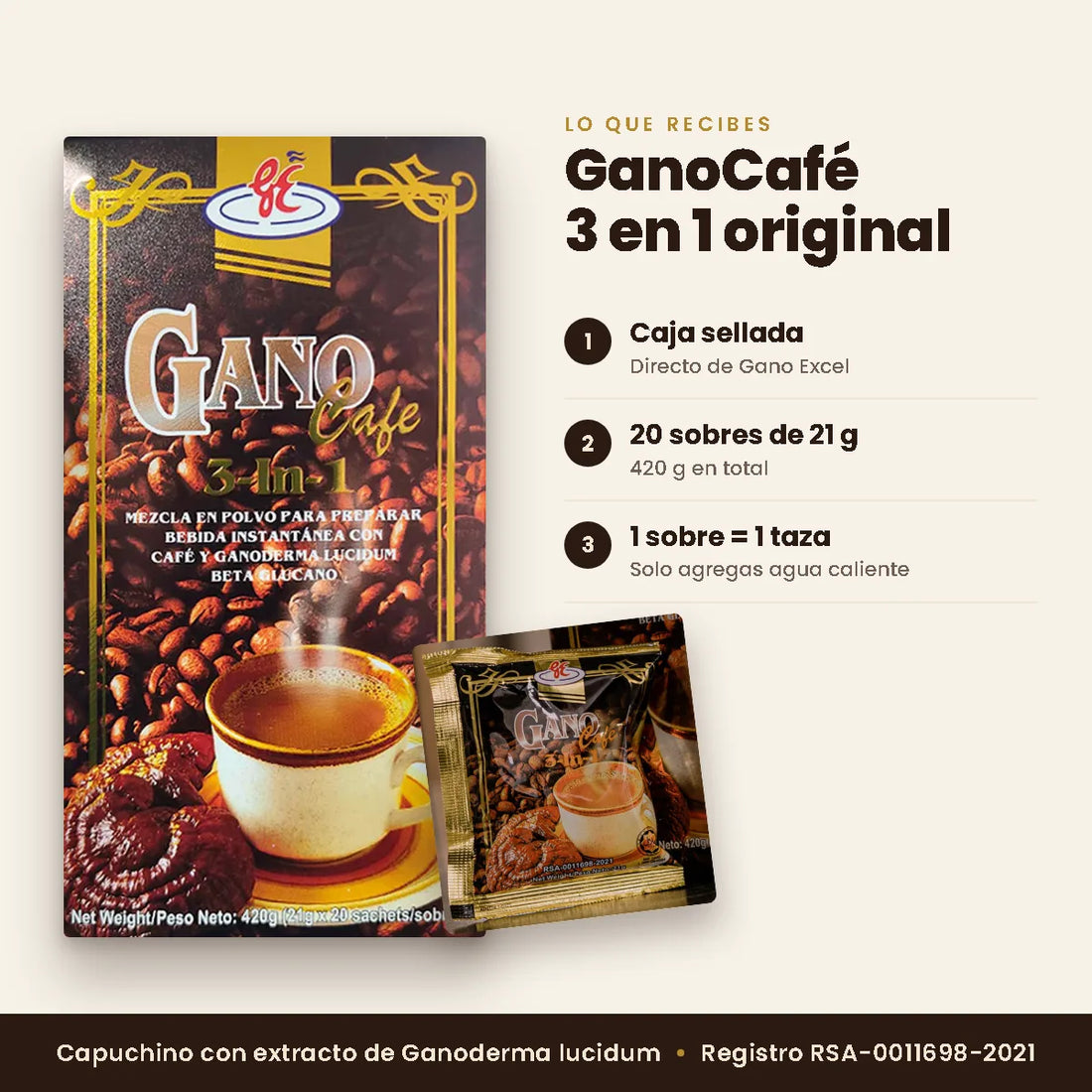 Lo que recibes: caja sellada de 20 sobres de 21 g