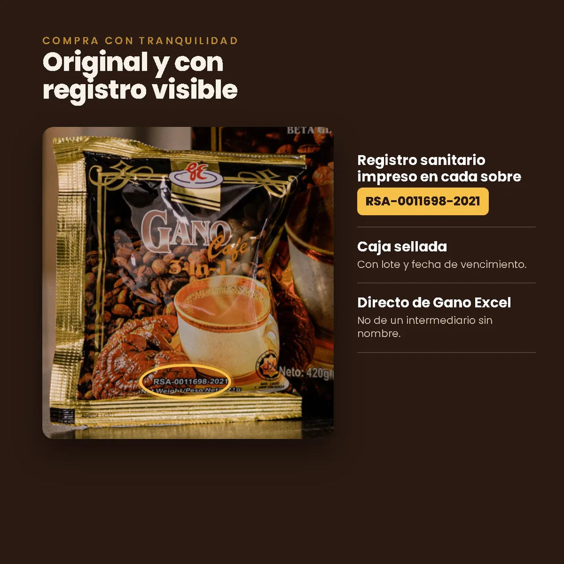 Sobre original con el registro sanitario RSA-0011698-2021 impreso